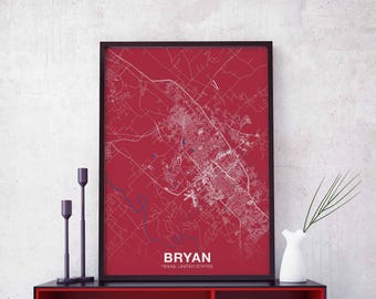 BRYAN Texas TX US map poster color Hometown City Print Modern Home Decor Office Decoration Wall Art Dorm Bedroom Gift