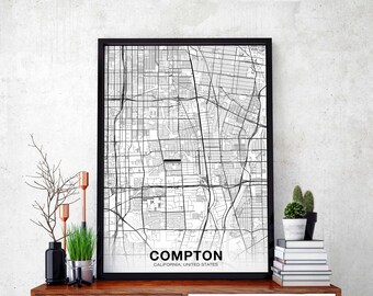 COMPTON California CA US map poster black white Hometown City Print Modern Home Decor Office Decoration Wall Art Dorm Bedroom Gift