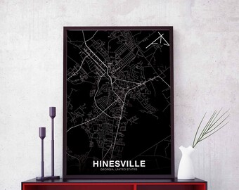 HINESVILLE Georgia USA map poster black white Hometown City Print Modern Home Decor Office Decoration Wall Art Dorm Bedroom Gift