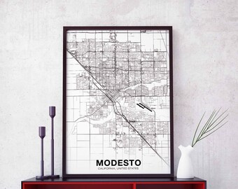 MODESTO California CA USA map poster black white Hometown City Print Modern Home Decor Office Decoration Wall Art Dorm Bedroom Gift