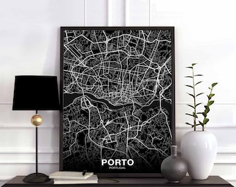 PORTO Portugal map poster black white Hometown City Print Modern Home Decor Office Decoration Wall Art Dorm Bedroom Gift