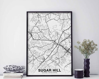 SUGAR HILL Georgia GA usa map poster black white  Hometown City Print Modern Home Decor Office Decoration Wall Art Dorm Bedroom Gift
