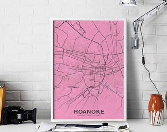 ROANOKE Virginia VA USA poster color Hometown City Print Modern Home Decor Office Decoration Wall Art Dorm Bedroom Gift