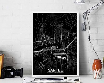 SANTEE California CA USA map poster black white Hometown City Print Modern Home Decor Office Decoration Wall Art Dorm Bedroom Gift
