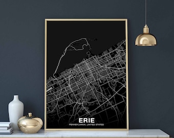 ERIE Pennsylvania PA USA map poster black white Hometown City Print Modern Home Decor Office Decoration Wall Art Dorm Bedroom Gift