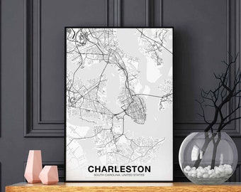 CHARLESTON South Carolina SC USA map poster black white Hometown City Print Modern Home Decor Office Decoration Wall Art Dorm Bedroom Gift