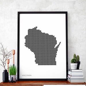 WISCONSIN EUA estado pontos mínimos retro mapa pôster preto branco decoração de parede design moderno suíço escandinavo nórdico inauguração de casa viagem