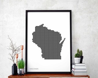 WISCONSIN US state minimal dots retro map poster black white wall decor design modern swiss scandinavian nordic housewarming travel