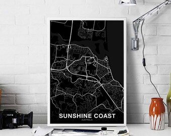 SUNSHINE COAST Australia map poster black white Hometown City Print Modern Home Decor Office Decoration Wall Art Dorm Bedroom Gift