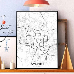 SYLHET Bangladesh carte affiche ville natale ville impression moderne décor à la maison bureau décoration mur art dortoir chambre cadeau