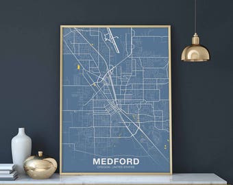 MEDFORD Oregone OR USA map poster color Hometown City Print Modern Home Decor Office Decoration Wall Art Dorm Bedroom Gift