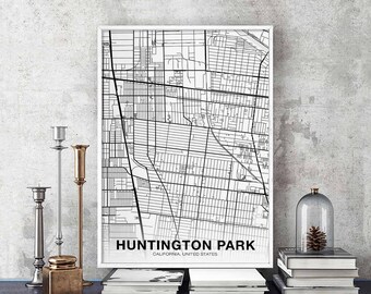HUNTINGTON PARK California CA usa map poster black white  Hometown City Print Modern Home Decor Office Decoration Wall Art Dorm Bedroom Gift