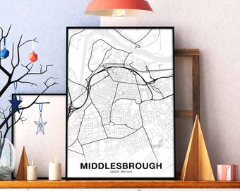 MIDDLESBROUGH Great Britain UK map poster black white Hometown City Print Modern Home Decor Office Decoration Wall Art Dorm Bedroom Gift
