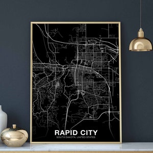 Póster de mapa de RAPID CITY, Dakota del Sur, SD, EE. UU., en blanco y negro, impresión de ciudad natal, decoración moderna para el hogar, decoración de oficina, arte de pared, dormitorio, regalo