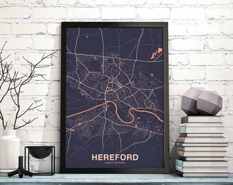 HEREFORD Great Britain UK map poster color Hometown City Print Modern Home Decor Office Decoration Wall Art Dorm Bedroom Gift