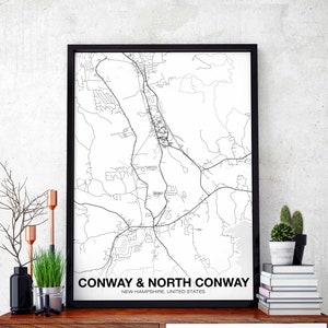 CONWAY & NORTH CONWAY New Hampshire map black white Hometown City Print Modern Home Decor Office Decoration Wall Art Dorm Bedroom Gift