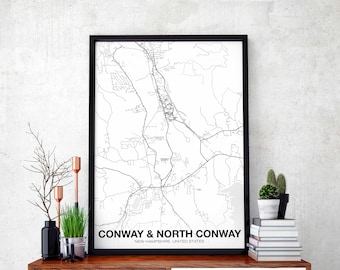 CONWAY & NORTH CONWAY New Hampshire map black white Hometown City Print Modern Home Decor Office Decoration Wall Art Dorm Bedroom Gift