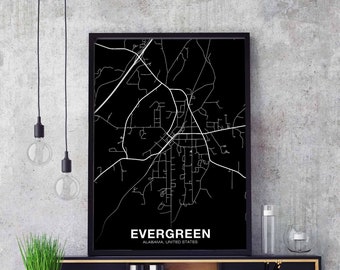 EVERGREEN Alabama AL USA map poster black white Hometown City Print Modern Home Decor Office Decoration Wall Art Dorm Bedroom Gift