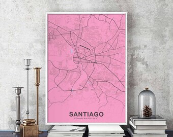 SANTIAGO Dominican Republic map poster color Hometown City Print Modern Home Decor Office Decoration Wall Art Dorm Bedroom Gift