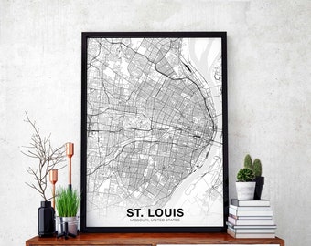 ST. LOUIS Missouri MO usa map poster black white Hometown City Print Modern Home Decor Office Decoration Wall Art Dorm Bedroom Gift