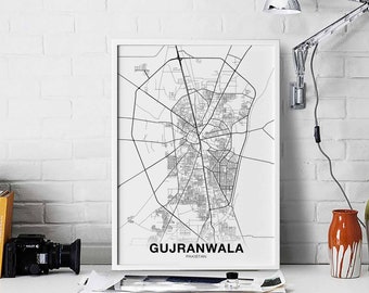 GUJRANAWALA Pakistan map poster black white Hometown City Print Modern Home Decor Office Decoration Wall Art Dorm Bedroom Gift