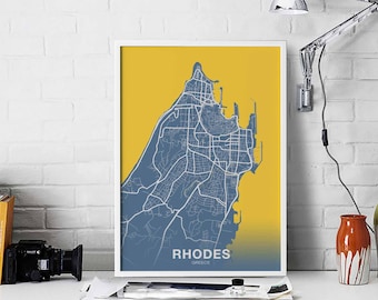 RHODES Greece map poster color Hometown City Print Modern Home Decor Office Decoration Wall Art Dorm Bedroom Gift