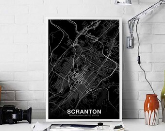 SCRANTON Pennsylvania PA USA map poster black white Hometown City Print Modern Home Decor Office Decoration Wall Art Dorm Bedroom Gift