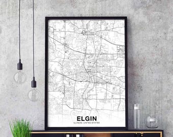 ELGIN Illinois IL USA map poster black white Hometown City Print Modern Home Decor Office Decoration Wall Art Dorm Bedroom Gift