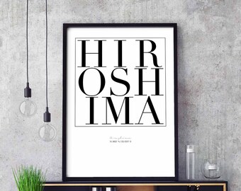 Hiroshima minimal typography art print poster black white wall decor design modern swiss scandinavian nordic inspiration city