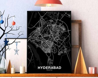 HYDERABAD Pakistan map poster black white Hometown City Print Modern Home Decor Office Decoration Wall Art Dorm Bedroom Gift