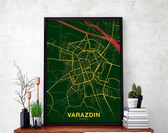VARAZDIN Croatia map poster color Hometown City Print Modern Home Decor Office Decoration Wall Art Dorm Bedroom Gift