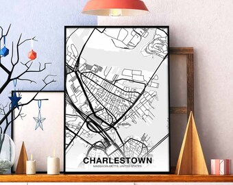 CHARLESTOWN Massachusetts MA USA map poster black white Hometown City Print Modern Home Decor Office Decoration Wall Art Dorm Bedroom Gift