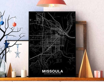 MISSOULA Montana MT USA map poster black white Hometown City Print Modern Home Decor Office Decoration Wall Art Dorm Bedroom Gift