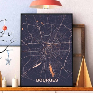 BOURGES France carte affiche couleurs ville natale ville impression moderne décor à la maison bureau décoration mur art dortoir chambre cadeau