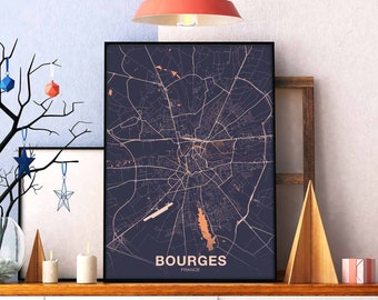 BOURGES France map poster colors Hometown City Print Modern Home Decor Office Decoration Wall Art Dorm Bedroom Gift
