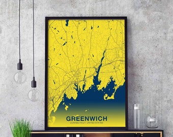 GREENWICH Connecticut CT US map poster color Hometown City Print Modern Home Decor Office Decoration Wall Art Dorm Bedroom Gift