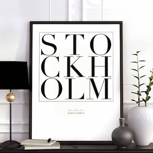 Póster con impresión artística de tipografía minimalista de Estocolmo, diseño de decoración de pared en blanco y negro, inspiración nórdica escandinava suiza moderna