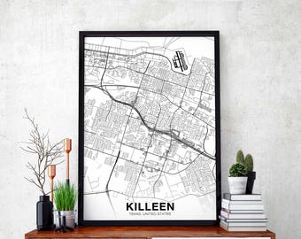 KILLEEN Texas TX USA map poster black white  Hometown City Print Modern Home Decor Office Decoration Wall Art Dorm Bedroom Gift