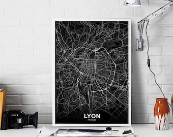 LYON  France map poster black white Hometown City Print Modern Home Decor Office Decoration Wall Art Dorm Bedroom Gift