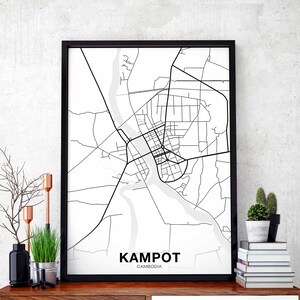 KAMPOT Cambodge carte affiche noir blanc ville natale ville impression moderne décor à la maison bureau décoration mur art dortoir chambre cadeau