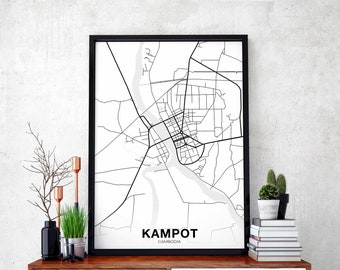 KAMPOT Cambodia map poster black white Hometown City Print Modern Home Decor Office Decoration Wall Art Dorm Bedroom Gift