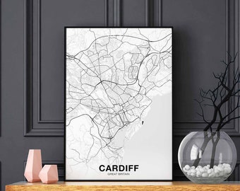 CARDIFF Great Britain UK map poster black white Hometown City Print Modern Home Decor Office Decoration Wall Art Dorm Bedroom Gift