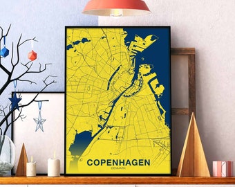 COPENHAGEN Denmark map poster color Hometown City Print Modern Home Decor Office Decoration Wall Art Dorm Bedroom Gift art