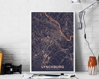 LYNCHBURG Virginia VA US map poster color Hometown City Print Modern Home Decor Office Decoration Wall Art Dorm Bedroom Gift