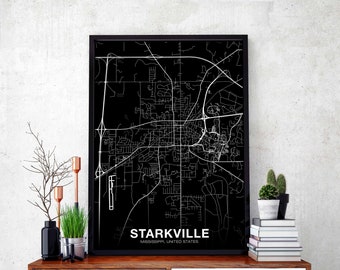 STARKVILLE Mississippi MS USA map poster black white Hometown City Print Modern Home Decor Office Decoration Wall Art Dorm Bedroom Gift