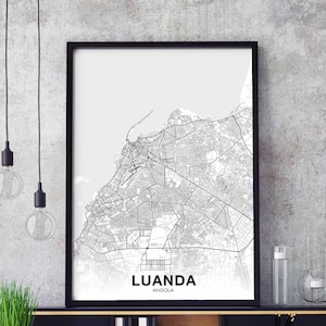 LUANDA Angola carte affiche noir blanc ville natale ville impression moderne décor à la maison bureau décoration mur art dortoir chambre cadeau