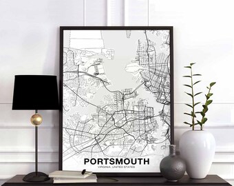 PORTSMOUTH Virginia VA USA map poster black white Hometown City Print Modern Home Decor Office Decoration Wall Art Dorm Bedroom Gift