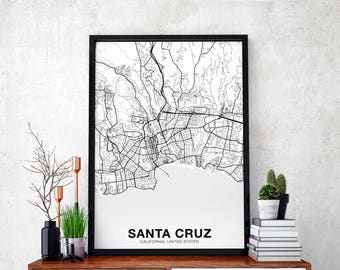 SANTA CRUZ California CA usa map poster black white Hometown City Print Modern Home Decor Office Decoration Wall Art Dorm Bedroom Gift