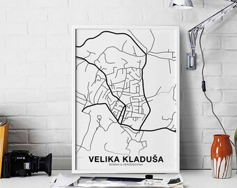 VELIKA KLADUSA Bosnia map poster black white Hometown City Print Modern Home Decor Office Decoration Wall Art Dorm Bedroom Gift