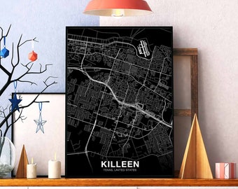 KILLEEN Texas TX USA map poster black white Hometown City Print Modern Home Decor Office Decoration Wall Art Dorm Bedroom Gift